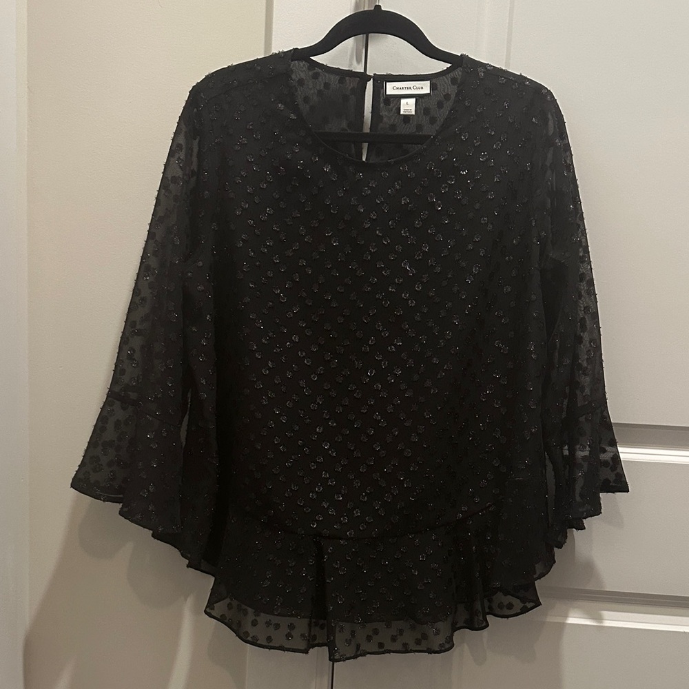 Charter Club Black Sheer Blouse with Flared Sleeves